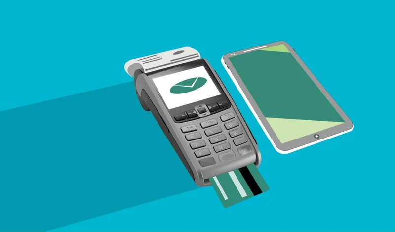 Illustration of digital payment terminal showing a modern checkout flow